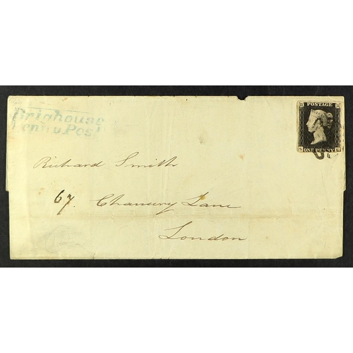 1234 - GB.PENNY BLACKS 1841 (4 Jly) wrapper bearing 1d black 'SE' with 3 margins, tied by MC cancellation w... 