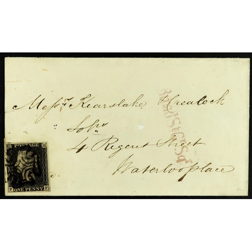 1235 - GB.PENNY BLACKS 1841 (8 Mar) small wrapper with 1d black 'FF' from plate 8 unusually and against reg... 