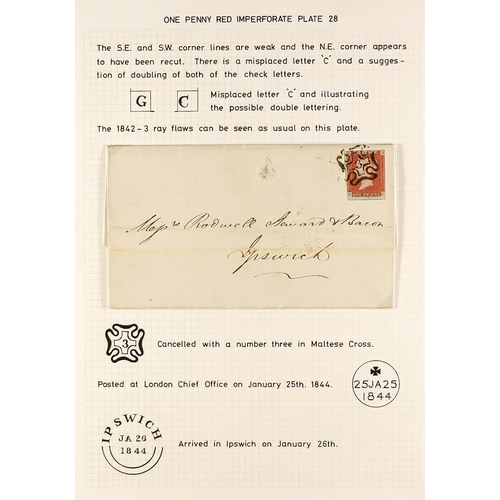 1280 - GB.QUEEN VICTORIA 1841 1d red, plate 28 (2½ margins), on an entire letter to Ipswich, tied by clear ... 