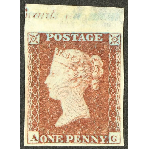 1304 - GB.QUEEN VICTORIA 1854 1d red-brown 'AG' plate 185 IMPRIMATUR with sheet selvage & inscription at to... 