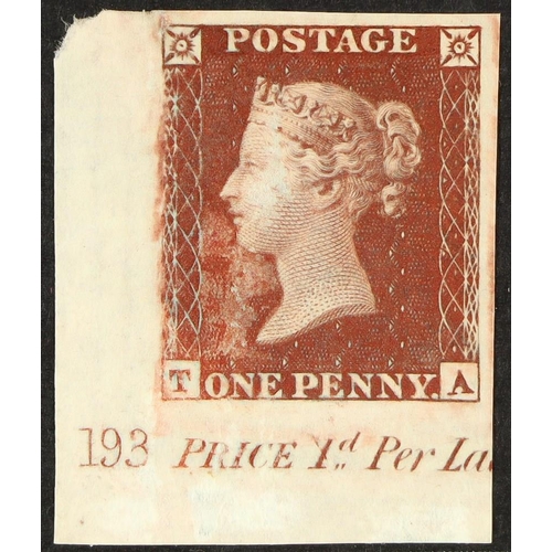 1305 - GB.QUEEN VICTORIA 1854 1d red-brown 'TA' plate 193 IMPRIMATUR, Spec C1, plate number corner example ... 