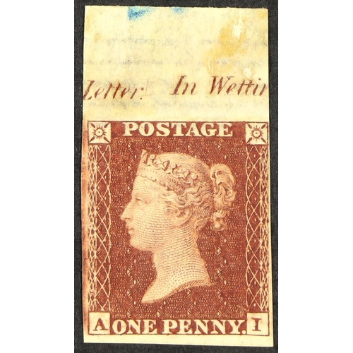 1306 - GB.QUEEN VICTORIA 1854 1d red-brown 'AI' plate 203 IMPRIMATUR with sheet selvage & inscription at to... 