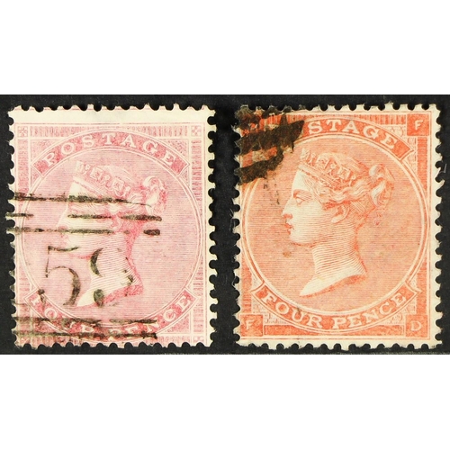 1320 - GB.QUEEN VICTORIA 1857 4d rose large Garter, and 1862 4d red, each lightly cancelled. Cat. £325. (2 ... 