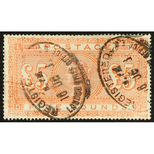 1336 - GB.QUEEN VICTORIA 1867-83 £5 orange on blued paper, SG 133, used with two registered oval cancels, a... 