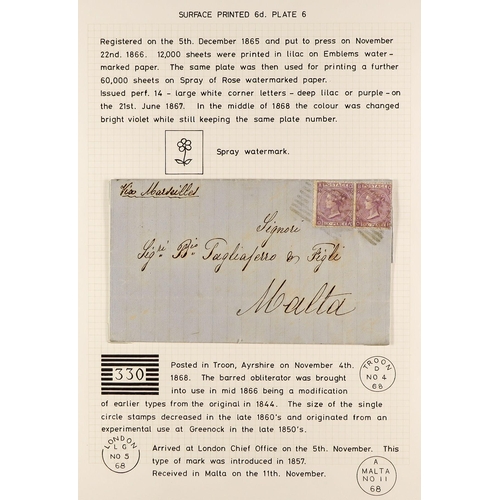 1340 - GB.QUEEN VICTORIA 1868 (Nov) neat entire letter Troon to Malta, bearing 5d plate 6, SG 97 pair, tied... 