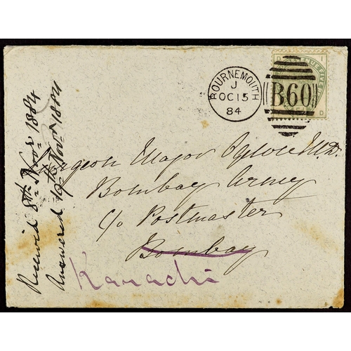 1355 - GB.QUEEN VICTORIA 1883 5d dull green (SG 193) on env to Bombay, redirected to Karachi, nice original... 