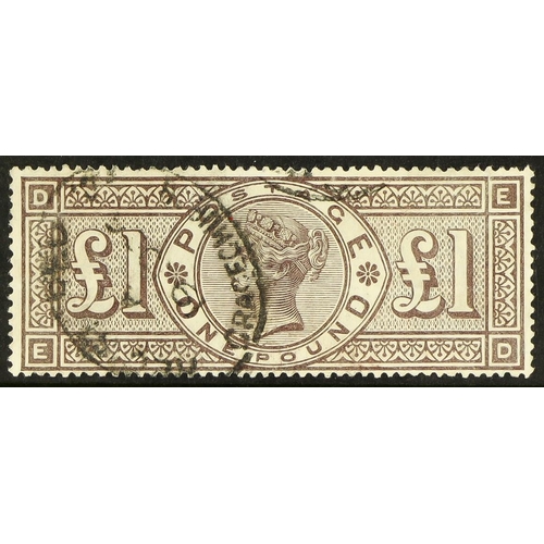 1362 - GB.QUEEN VICTORIA 1884 £1 brown - lilac Wmk Crowns, SG 185, used with light Gracechurch St. register... 