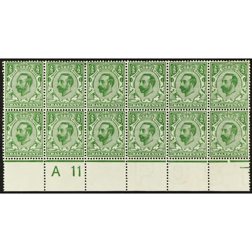 1385 - GB.GEORGE V 1911 ½d green Downey head, Die 1A, lower marginal 