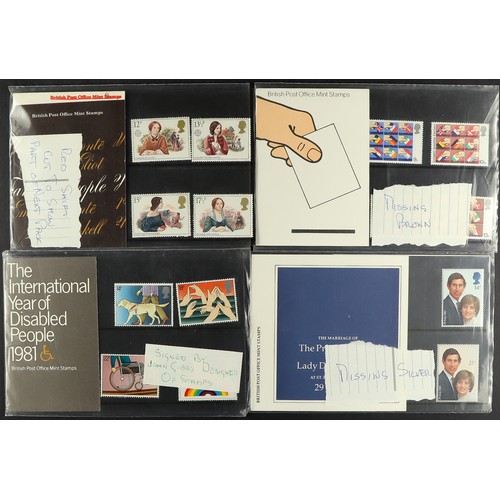 1447 - GB.ELIZABETH II 1975 - 1985 ERRORS & DESIGNER - SIGNED PRESENTATION PACKS. Surely a unique collectio... 