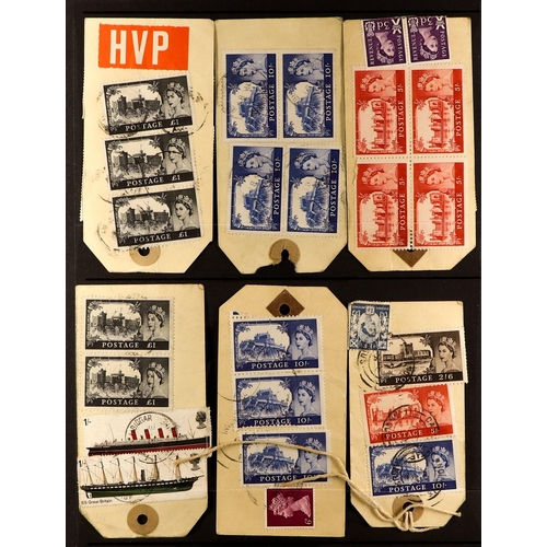 1473 - GB.ELIZABETH II CASTLES ON PARCEL TAGS. 22 tags bearing Castle high values, some with high value Mac... 