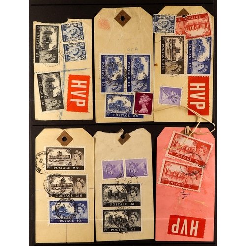 1473 - GB.ELIZABETH II CASTLES ON PARCEL TAGS. 22 tags bearing Castle high values, some with high value Mac... 