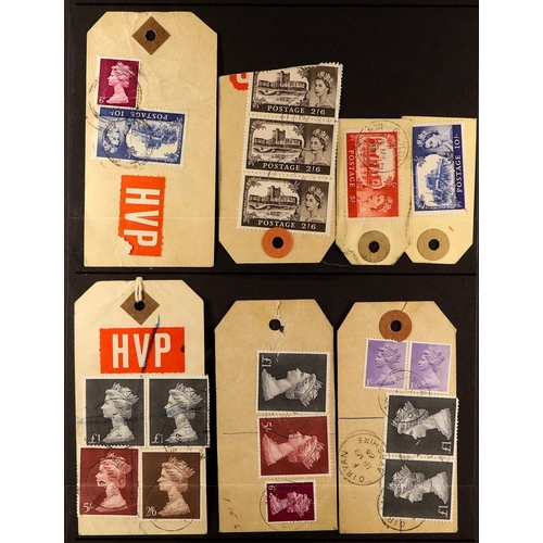 1473 - GB.ELIZABETH II CASTLES ON PARCEL TAGS. 22 tags bearing Castle high values, some with high value Mac... 