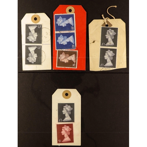 1473 - GB.ELIZABETH II CASTLES ON PARCEL TAGS. 22 tags bearing Castle high values, some with high value Mac... 