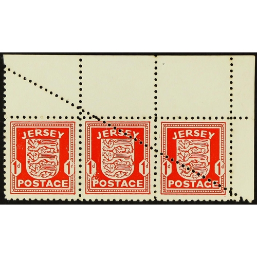 1531 - GB.ISLANDS JERSEY 1941 1d scarlet strip 3 from the upper-right sheet corner, shows dramatic diagonal... 