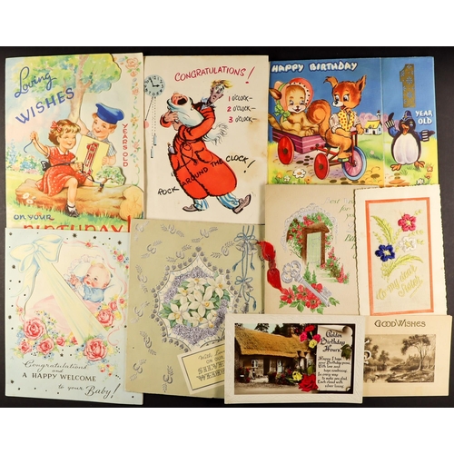 126 - GREETINGS POSTCARDS AND CARDS in albums and loose. Also includes a few pictorial cards and various p... 