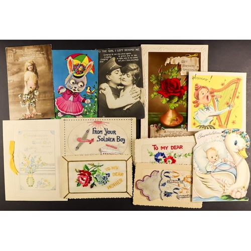 126 - GREETINGS POSTCARDS AND CARDS in albums and loose. Also includes a few pictorial cards and various p... 