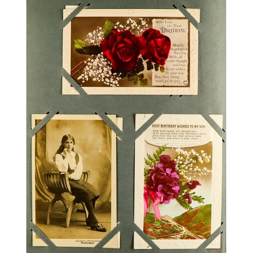 126 - GREETINGS POSTCARDS AND CARDS in albums and loose. Also includes a few pictorial cards and various p... 