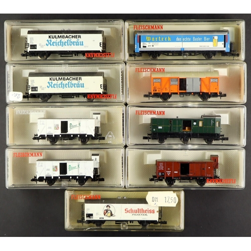 156 - N GAUGE FLEISCHMANN ROLLING STOCK. 8326 Kulmbacher x2, 8357 Pilsner x2, 8095 Luggage Trolley, 8360 G... 