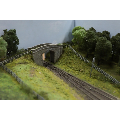 166 - N GAUGE TRACK LAYOUT. Rural end-of-line platform, set in countryside surroundings. In working order ... 