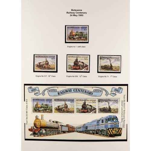 277 - RAILWAYS All periods collection of stamps, mini-sheets, labels, covers, postcards in two albums. Vol... 