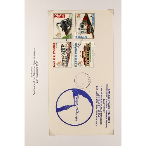 277 - RAILWAYS All periods collection of stamps, mini-sheets, labels, covers, postcards in two albums. Vol... 