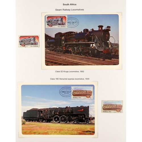 277 - RAILWAYS All periods collection of stamps, mini-sheets, labels, covers, postcards in two albums. Vol... 