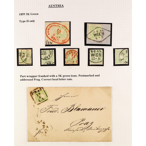 393 - 1858-59 3kr green (Michel 12, SG 24) exhibition page of used stamps with seven type II on & off piec... 