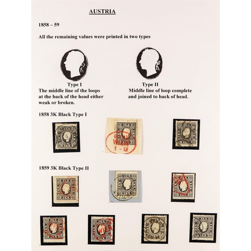 394 - 1858-59 3Kr black (Michel 11, SG 23) exhibition pages with three used examples of type I & seven of ... 