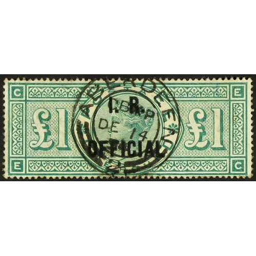 1467 - I.R. OFFICIAL 1892 £1 green, SG O16, used with very fine Aberdeen 1894 cds cancellation. Wenvoe cert... 