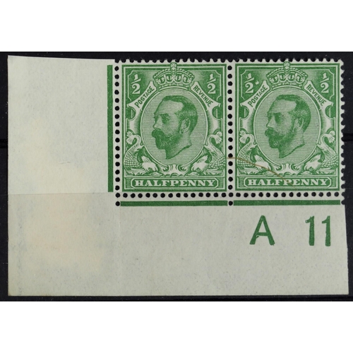 1522 - 1911 ½d pale green, SG Spec. N1 (2)c, A11 wide control corner pair, perf. type 2, showing white blob... 