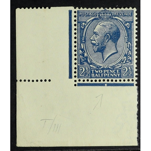 1538 - 1912-24 2½d Royal blue Wmk Cypher, Spec N21(16), never hinged mint from the low-left corner of the s... 