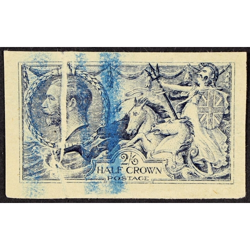 1551 - 1913 2s6d Waterlow Seahorse rough plate proof in indigo on buff unwatermarked paper, vertical blue c... 