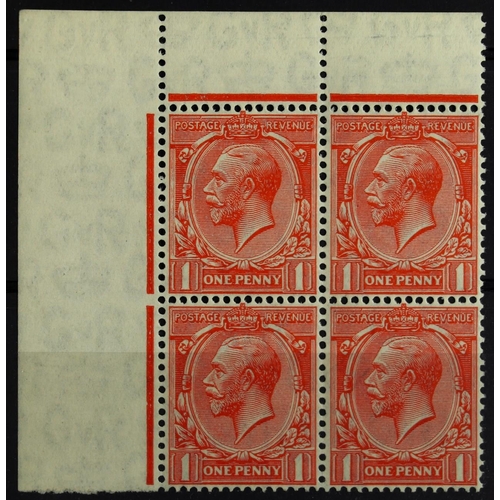 1563 - 1924-26 1d scarlet vermilion, on experimental paper, SG 419b, upper left corner block of four, never... 