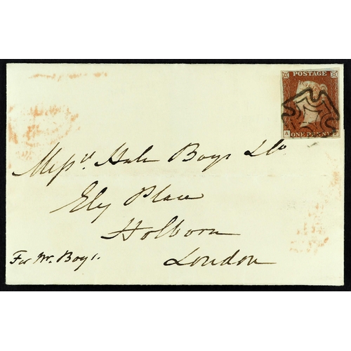 1313 - GB.QUEEN VICTORIA 1843 (14 Apr) EL to London bearing 1d red-brown plate 33 with 4 margins tied by ve... 