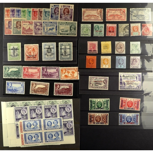 210 - SMALL WORLD ACCUMULATION in shoe box, includes mostly British Commonwealth ranges incl 1944-45 opts ... 