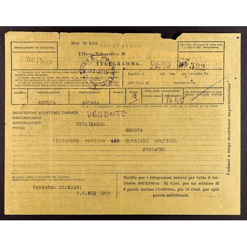 385 - BR. OCC. ITAL. COL. ERITREA 1951 high value stamps on telegraph documents (4). Various 