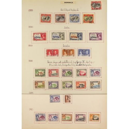 457 - DOMINICA 1908 - 1951 COLLECTION of 100+ used stamps on album pages, incl. 1923-33 to 5s, Wmk MCA 3s,... 