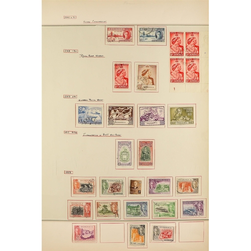 457 - DOMINICA 1908 - 1951 COLLECTION of 100+ used stamps on album pages, incl. 1923-33 to 5s, Wmk MCA 3s,... 