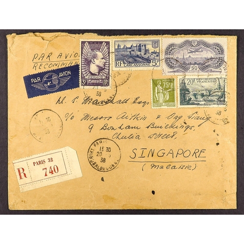 508 - FRANCE 1938 (20 May) env registered from Paris to Singapore bearing 5 stamps making a 78fr.75c frank... 