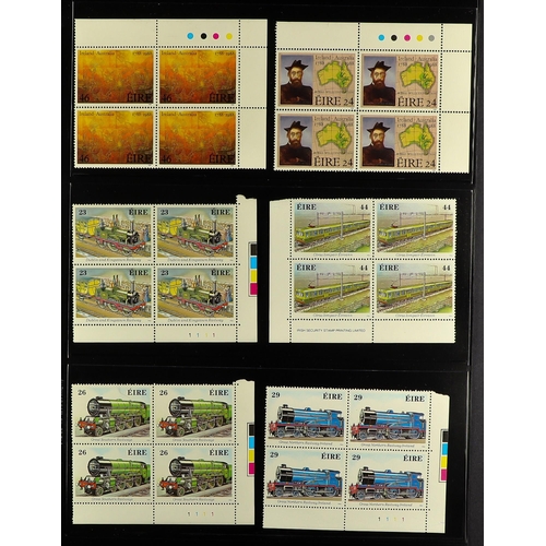 712 - IRELAND 1984-1990 NEVER HINGED MINT COLLECTION of mostly blocks of 4 on stock pages in binder. Very ... 