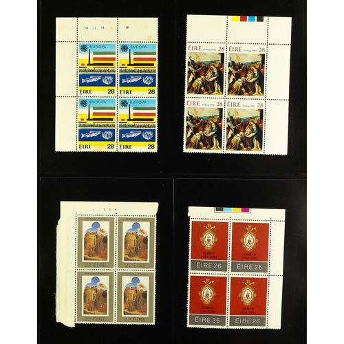 712 - IRELAND 1984-1990 NEVER HINGED MINT COLLECTION of mostly blocks of 4 on stock pages in binder. Very ... 