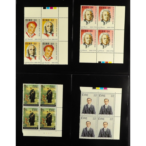 712 - IRELAND 1984-1990 NEVER HINGED MINT COLLECTION of mostly blocks of 4 on stock pages in binder. Very ... 