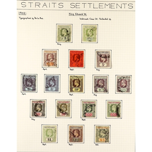 785 - MALAYA-STRAITS SETT. 1902 - 1911 USED COLLECTION of over 50 stamps on pages including sets, higher v... 