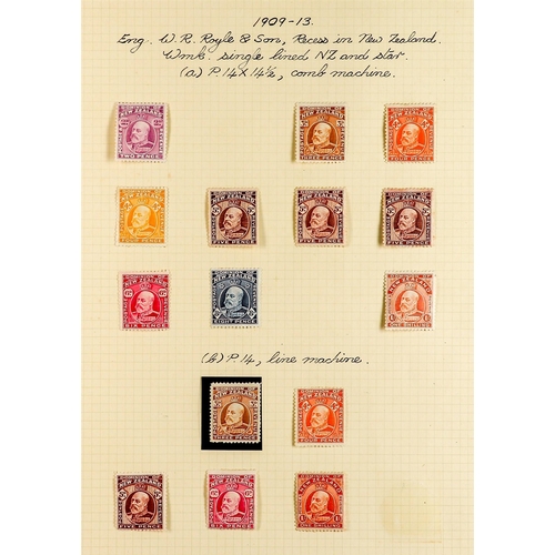 885 - NEW ZEALAND 1900 - 1920 SEMI-SPECIALIZED MINT COLLECTION of 180+ stamps annotated on pages with addi... 