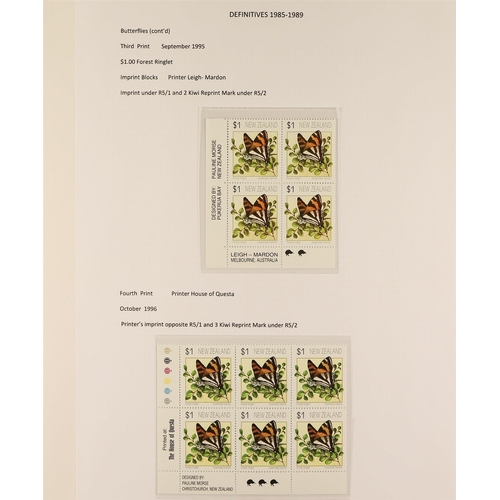 898 - NEW ZEALAND 1991 - 1997 BUTTERFLIES DEFINITIVES collection of 18 never hinged mint imprint blocks, n... 