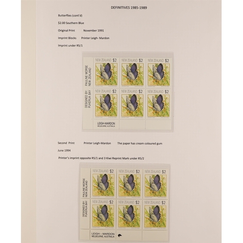 898 - NEW ZEALAND 1991 - 1997 BUTTERFLIES DEFINITIVES collection of 18 never hinged mint imprint blocks, n... 