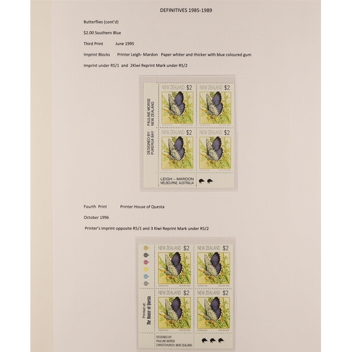 898 - NEW ZEALAND 1991 - 1997 BUTTERFLIES DEFINITIVES collection of 18 never hinged mint imprint blocks, n... 