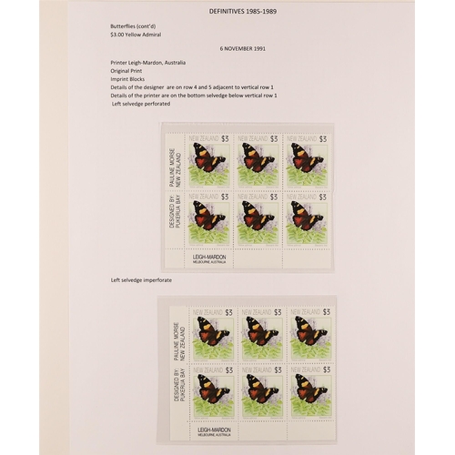 898 - NEW ZEALAND 1991 - 1997 BUTTERFLIES DEFINITIVES collection of 18 never hinged mint imprint blocks, n... 