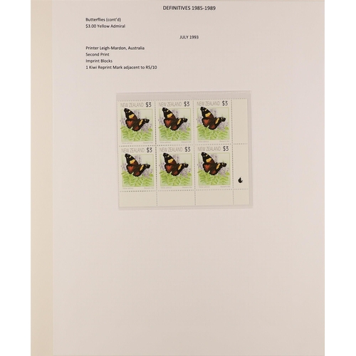 898 - NEW ZEALAND 1991 - 1997 BUTTERFLIES DEFINITIVES collection of 18 never hinged mint imprint blocks, n... 