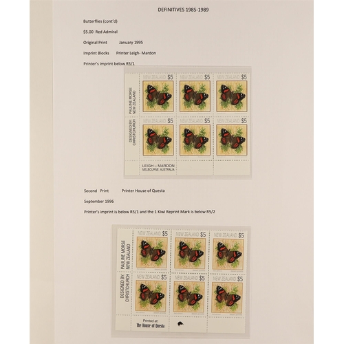 898 - NEW ZEALAND 1991 - 1997 BUTTERFLIES DEFINITIVES collection of 18 never hinged mint imprint blocks, n... 